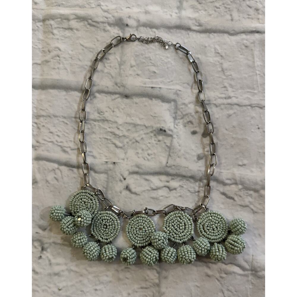 SILVER Tone Mint Green Seed Beads Statement Necklace Boho Casual 10” Drop + Ext